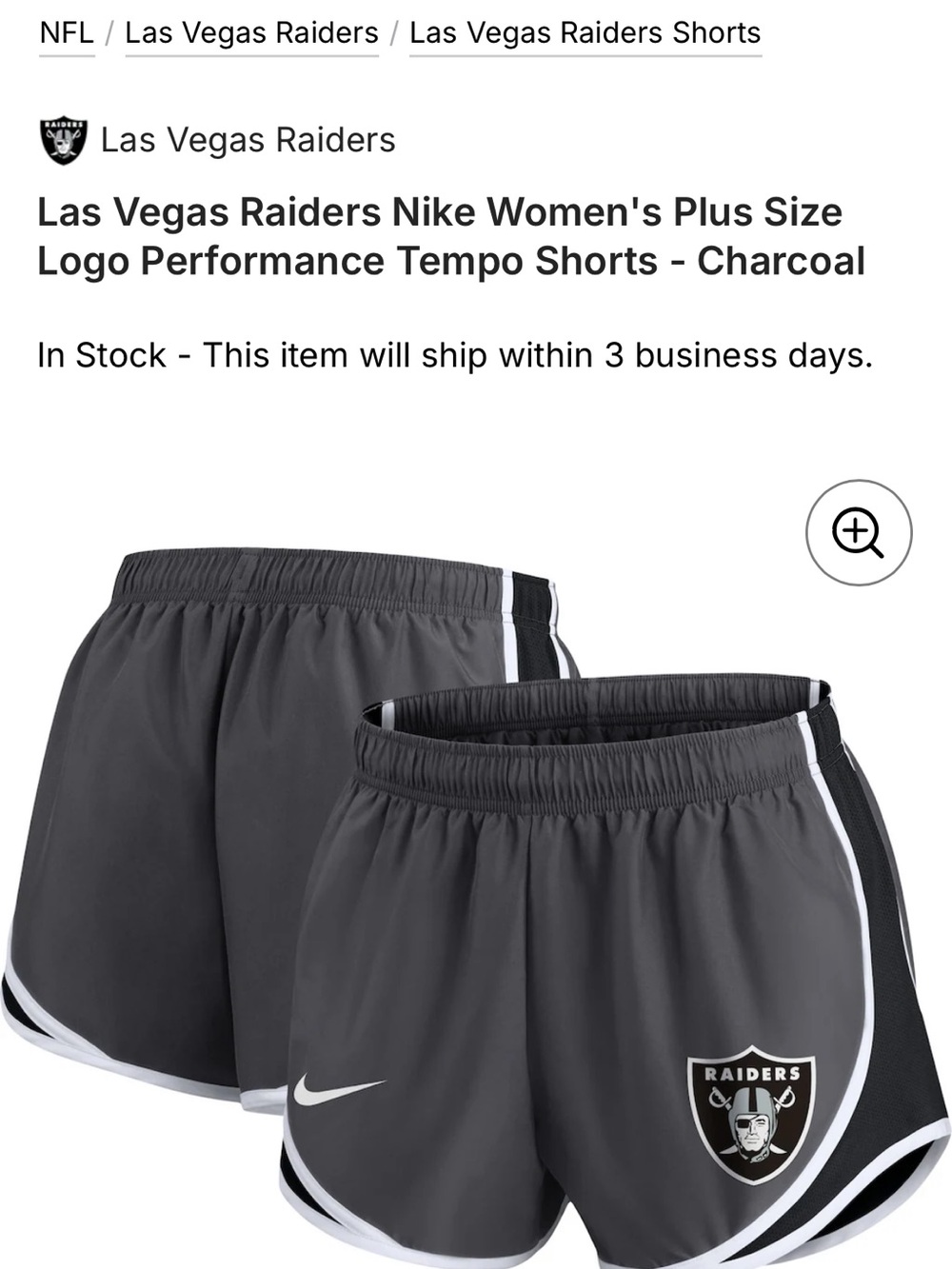Nike Women's Charcoal Las Vegas Raiders Tempo Shorts with White Trim